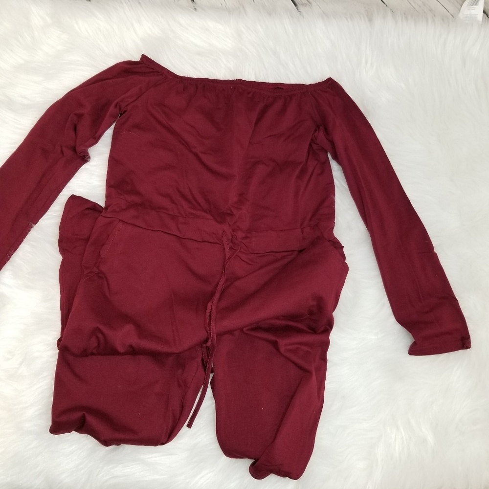 NWT Burgundy Off the Shoulder Long Sleeve Jumpsuit - Picture 7 of 8
